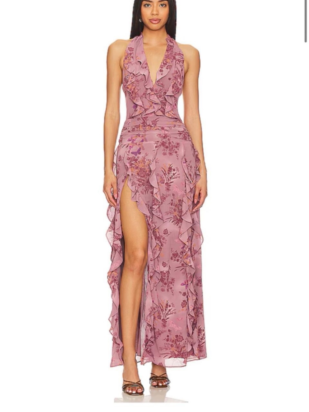 NBD Mauve Floral Ruffle Halter High-Slit Maxi Dress